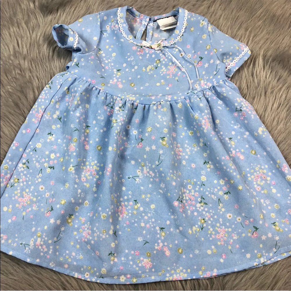 Vintage Toddler Girls Blue Floral Tie Back 90s Dress
